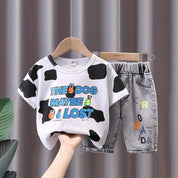 Boy's White Print Crew Neck T-Shirt & Denim Shorts Set