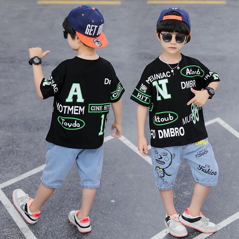 Boy's Black Graphic Print T-Shirt & Denim Shorts Set