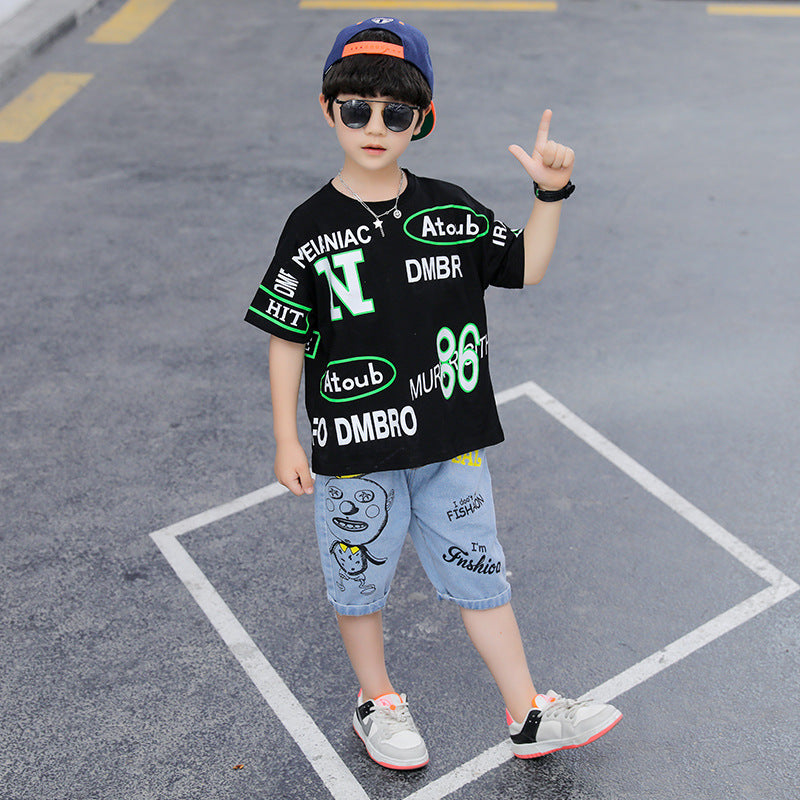Boy's Black Graphic Print T-Shirt & Denim Shorts Set