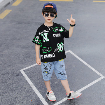 Googo Gaaga Boys Graphic Printed T-Shirt With Denim Shorts In Black Colour