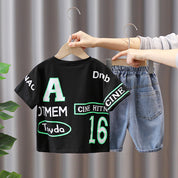 Boy's Black Graphic Print T-Shirt & Denim Shorts Set
