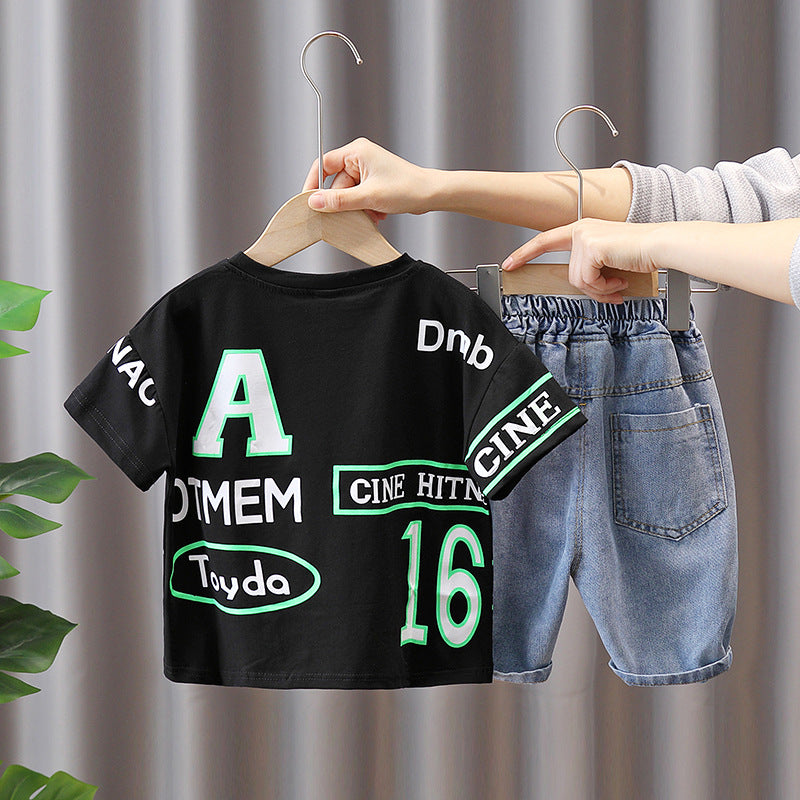 Boy's Black Graphic Print T-Shirt & Denim Shorts Set