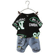 Boy's Black Graphic Print T-Shirt & Denim Shorts Set