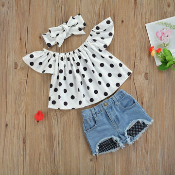 Googo Gaaga Girls Polka Dot Top With Denim Shorts And Headband