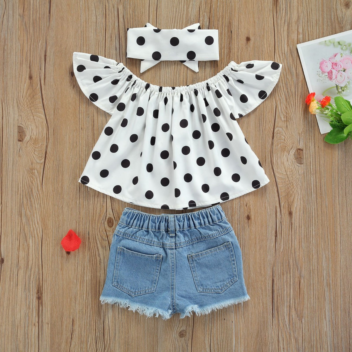 Girl's Polka Dot Top, Denim Shorts & Headband Set