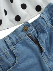 Girl's Polka Dot Top, Denim Shorts & Headband Set