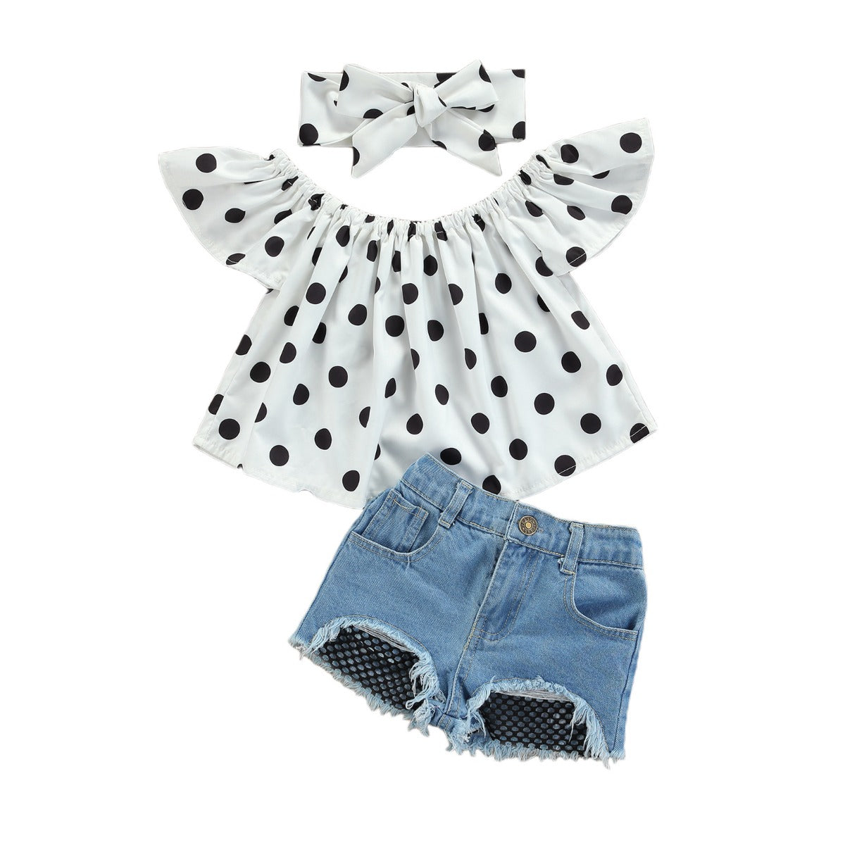 Girl's Polka Dot Top, Denim Shorts & Headband Set