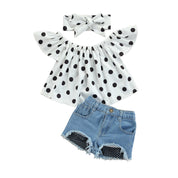 Girl's Polka Dot Top, Denim Shorts & Headband Set