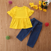Girl's Yellow Bell-Sleeve Top, Denim & Headband Set