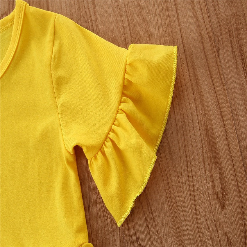 Girl's Yellow Bell-Sleeve Top, Denim & Headband Set
