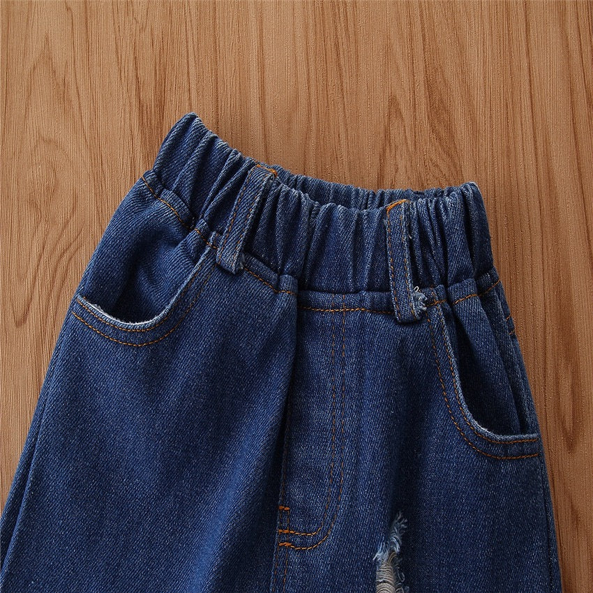 Girl's Yellow Bell-Sleeve Top, Denim & Headband Set