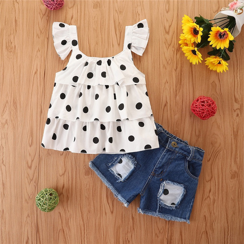 Girl's White Polka Dot Ruffle Top & Denim Shorts Set