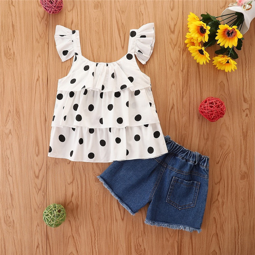 Girl's White Polka Dot Ruffle Top & Denim Shorts Set