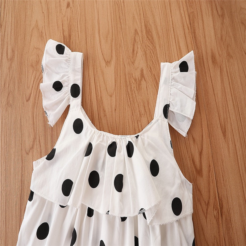 Girl's White Polka Dot Ruffle Top & Denim Shorts Set