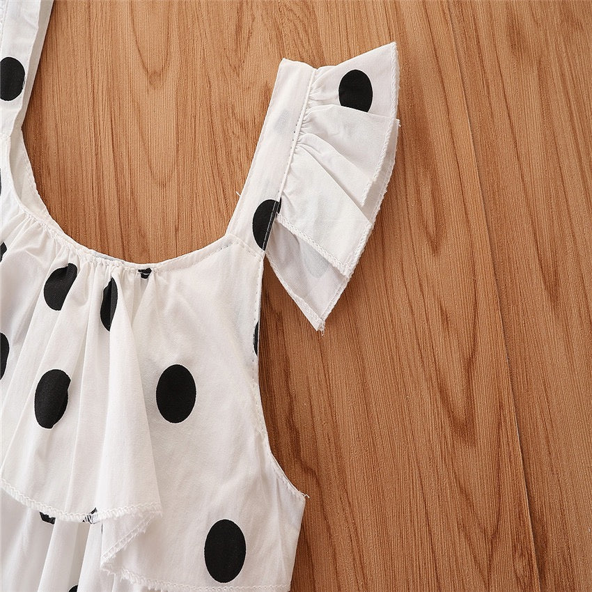 Girl's White Polka Dot Ruffle Top & Denim Shorts Set