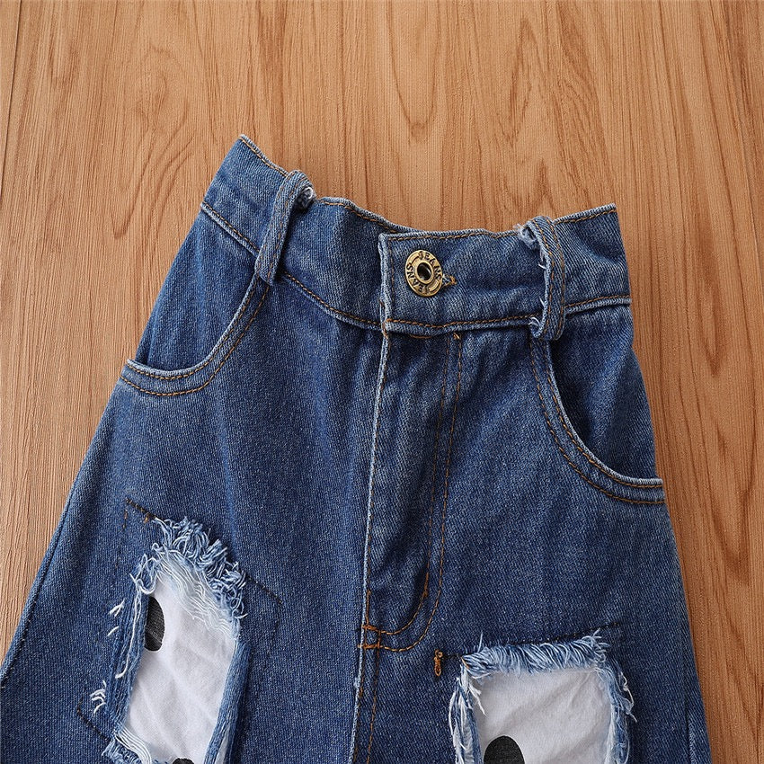 Girl's White Polka Dot Ruffle Top & Denim Shorts Set