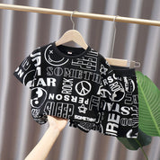 Boy's Black Graphic Print T-Shirt & Shorts Set