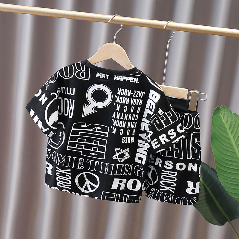 Boy's Black Graphic Print T-Shirt & Shorts Set