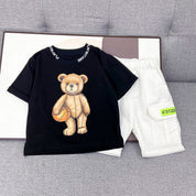 Boy's Black Teddy Print T-Shirt & Shorts Set
