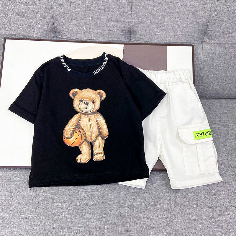 Boy's Black Teddy Print T-Shirt & Shorts Set