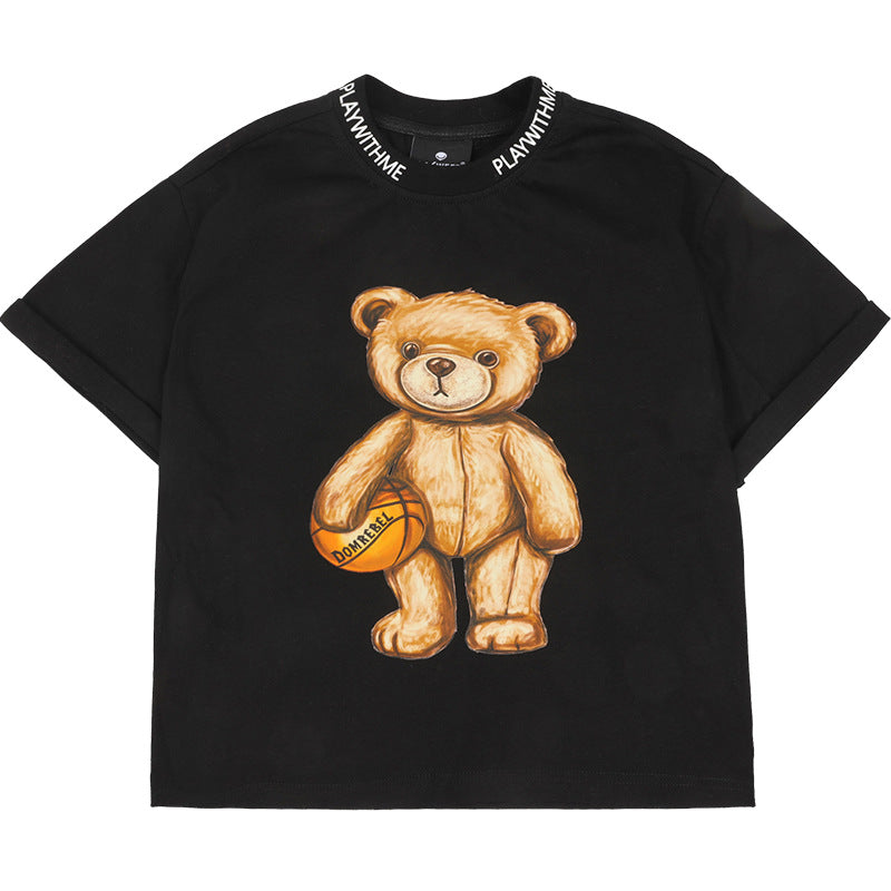 Boy's Black Teddy Print T-Shirt & Shorts Set
