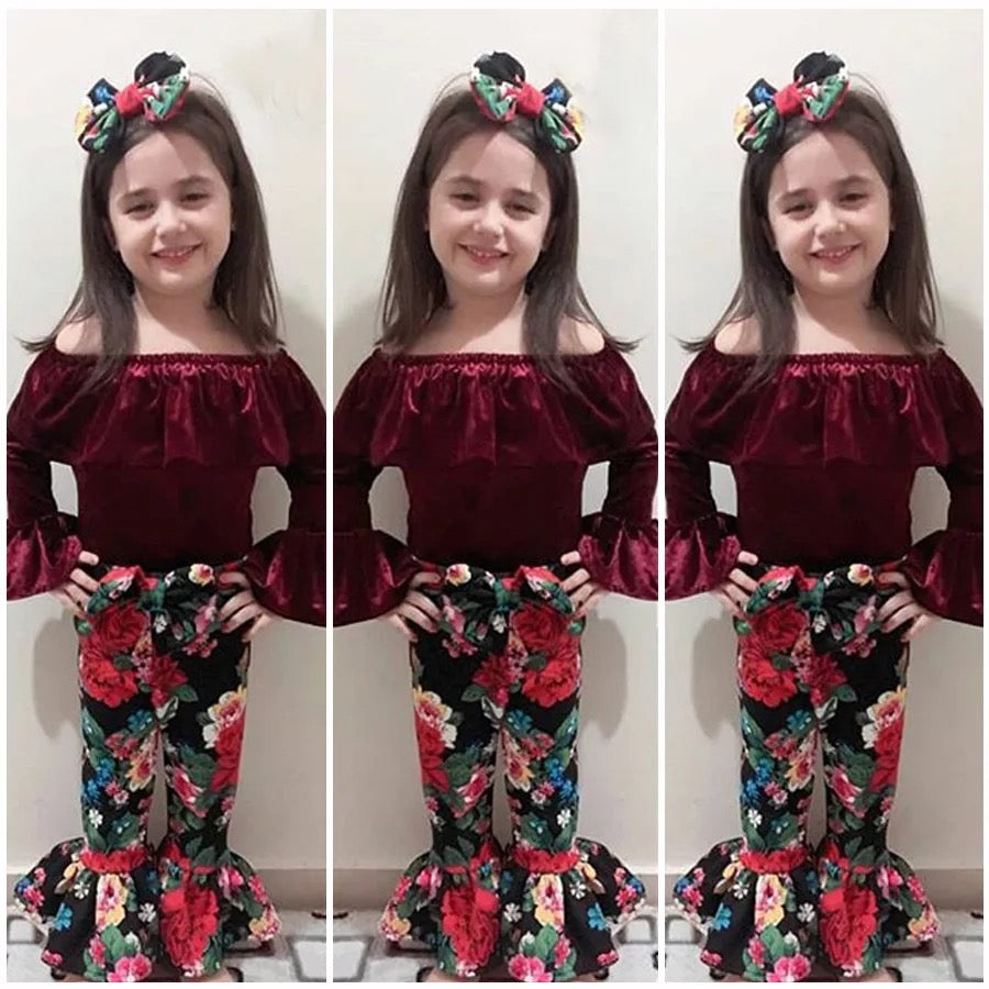 Girl's Multicolor Bell-Sleeve Top & Floral Pants Set