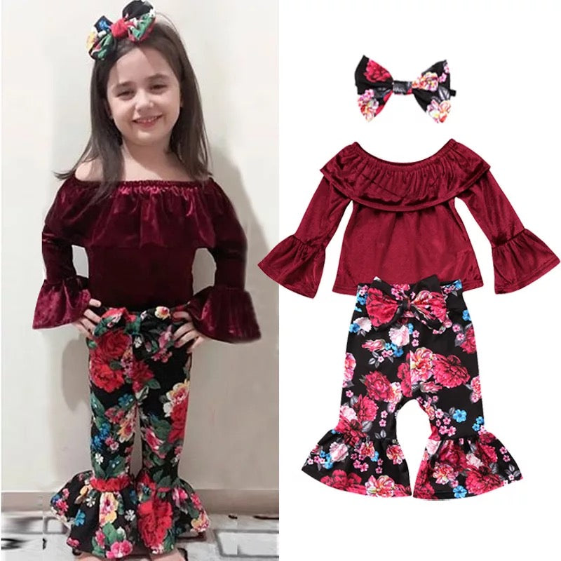 Girl's Multicolor Bell-Sleeve Top & Floral Pants Set