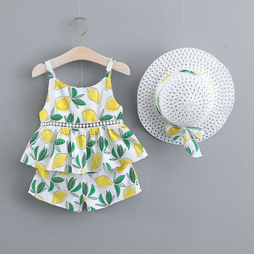 Elegant Flower Printed Top with Shorts and Hat