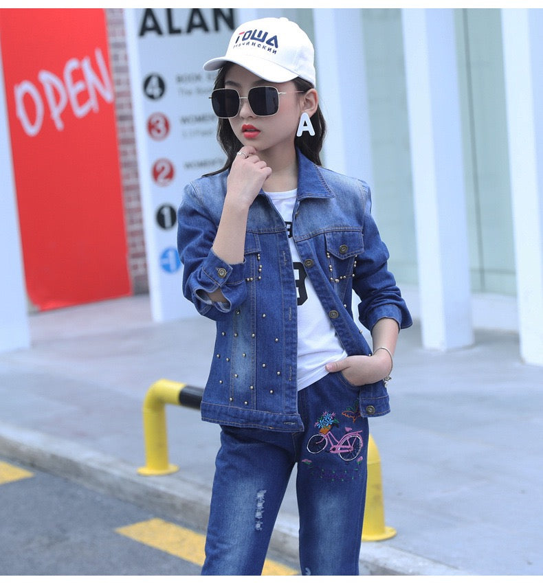 And Denim Jean Jacket Outfit Girl Girl's Jeans Jacket Pants Set