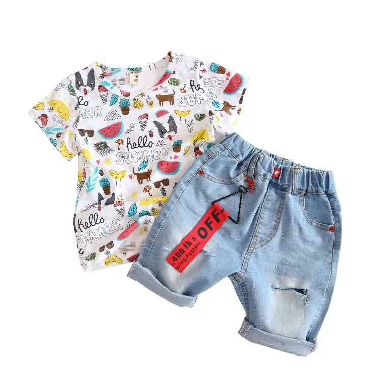 Googo Gaaga Boys Hello Summer Printed T-Shirt With Shorts In Multicolour