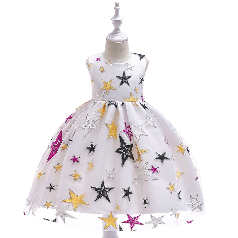 Googo Gaaga Girl's Sequin Star Embellished Dress In White Colour