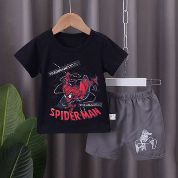 Googo Gaaga Spiderman Printed Crew Neck T-Shirt And Shorts Set In Black Colour