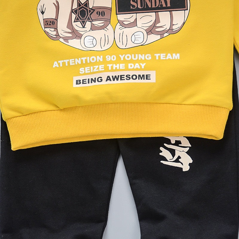 Boy's Yellow Print Sweatshirt & Pants Set