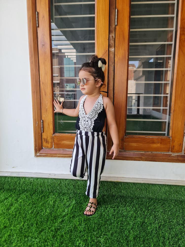 Girl's Black Striped Backless Jumpsuit