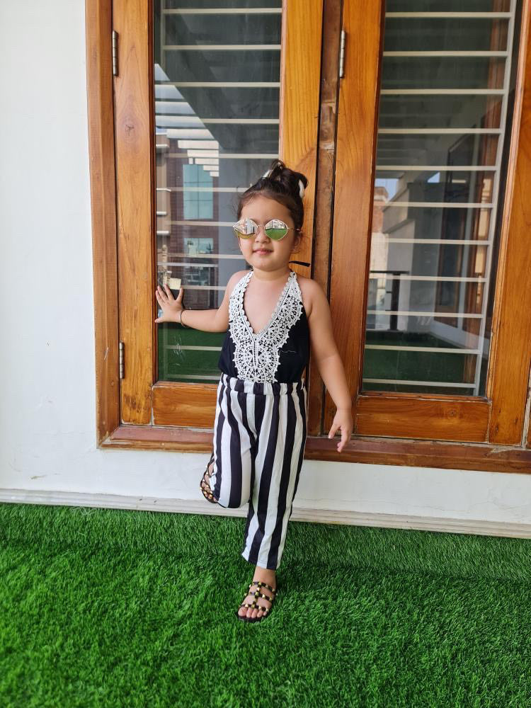 Girl's Black Striped Backless Jumpsuit