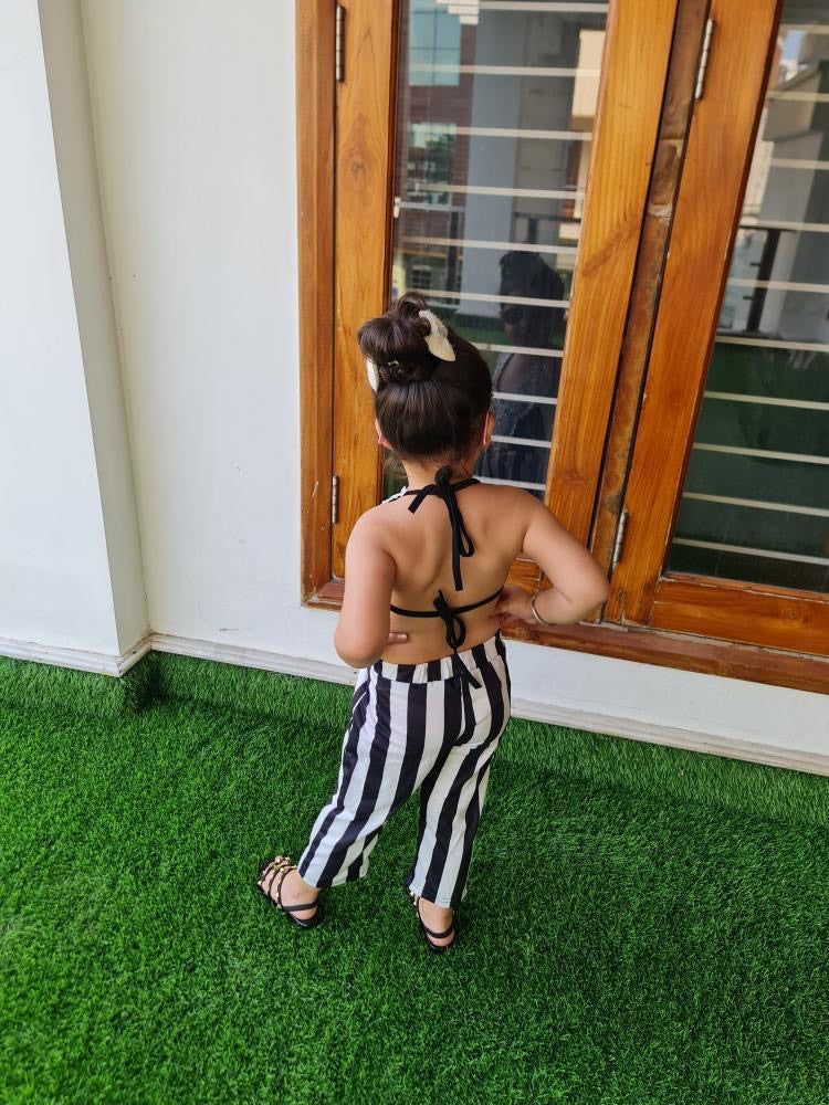 Girl's Black Striped Backless Jumpsuit