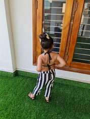Girl's Black Striped Backless Jumpsuit