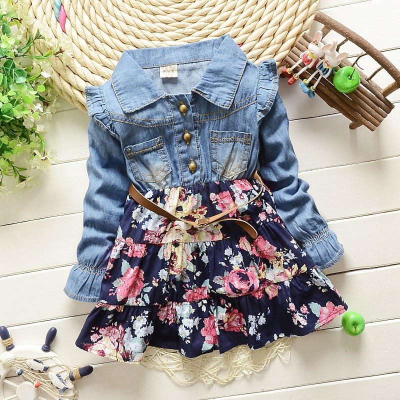 Girl's Blue Floral Full-Sleeve Dress