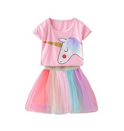 Girl's Multicolor Unicorn T-Shirt & Skirt Set