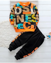 Boy's Cotton Text Printed Sweatshirt With Joggers Set - Orange & Black