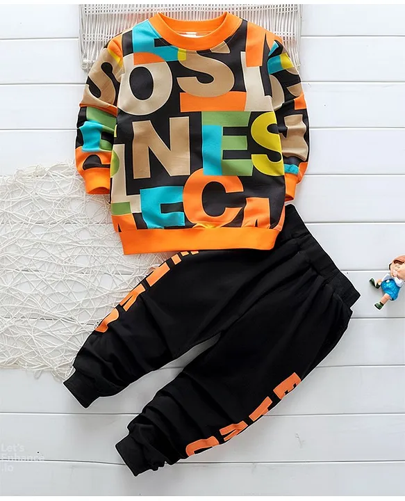 Boy's Cotton Text Printed Sweatshirt With Joggers Set - Orange & Black