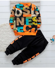 Boy's Cotton Text Printed Sweatshirt With Joggers Set - Orange & Black