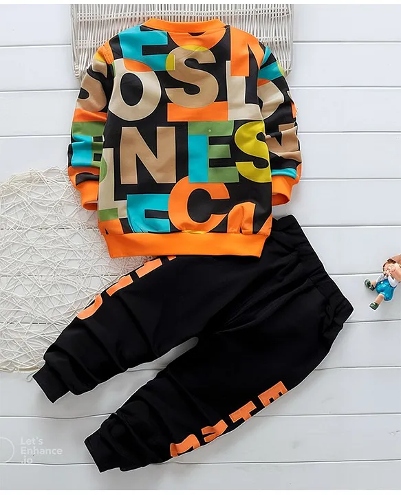 Boy's Cotton Text Printed Sweatshirt With Joggers Set - Orange & Black