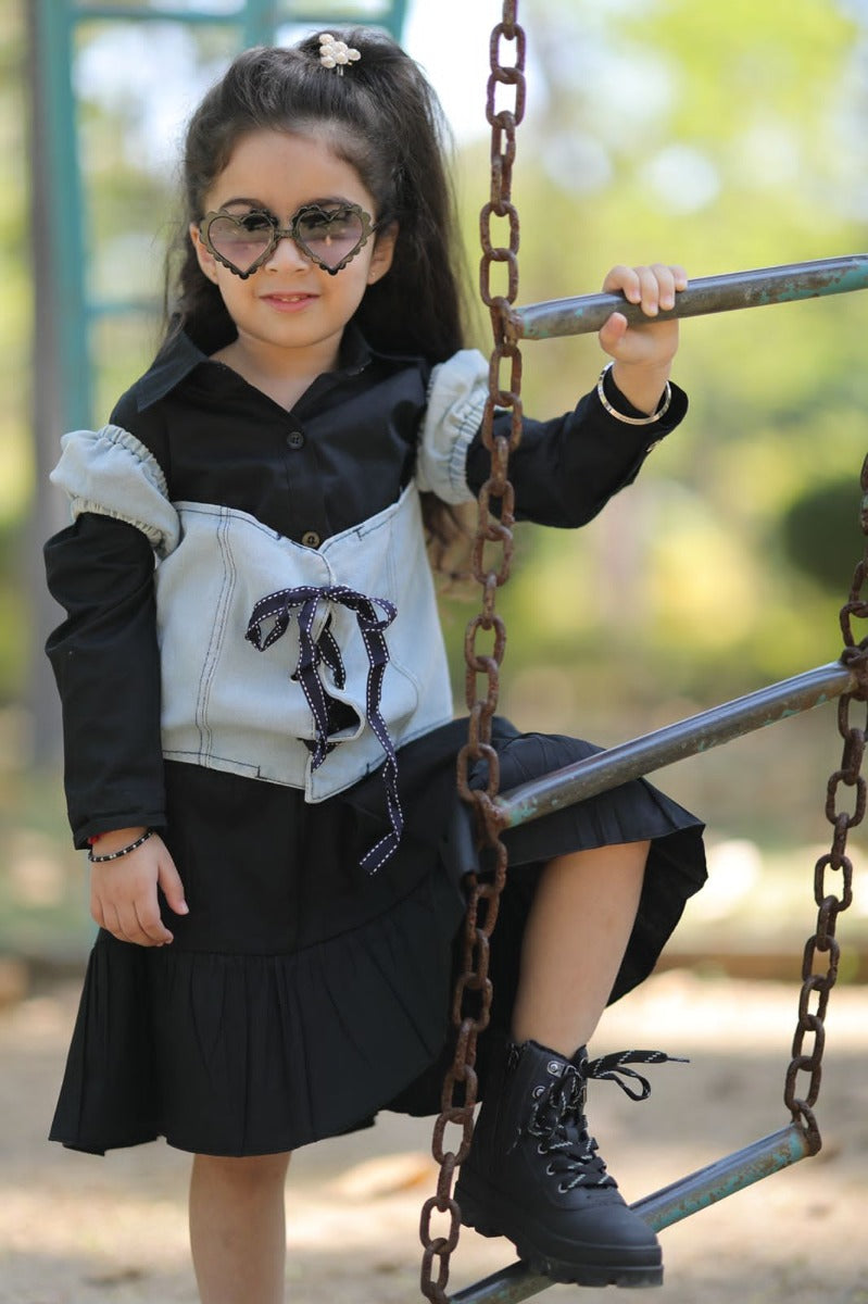 Googogaaga Girl's Cotton Black Dress with Denim Upper Jacket