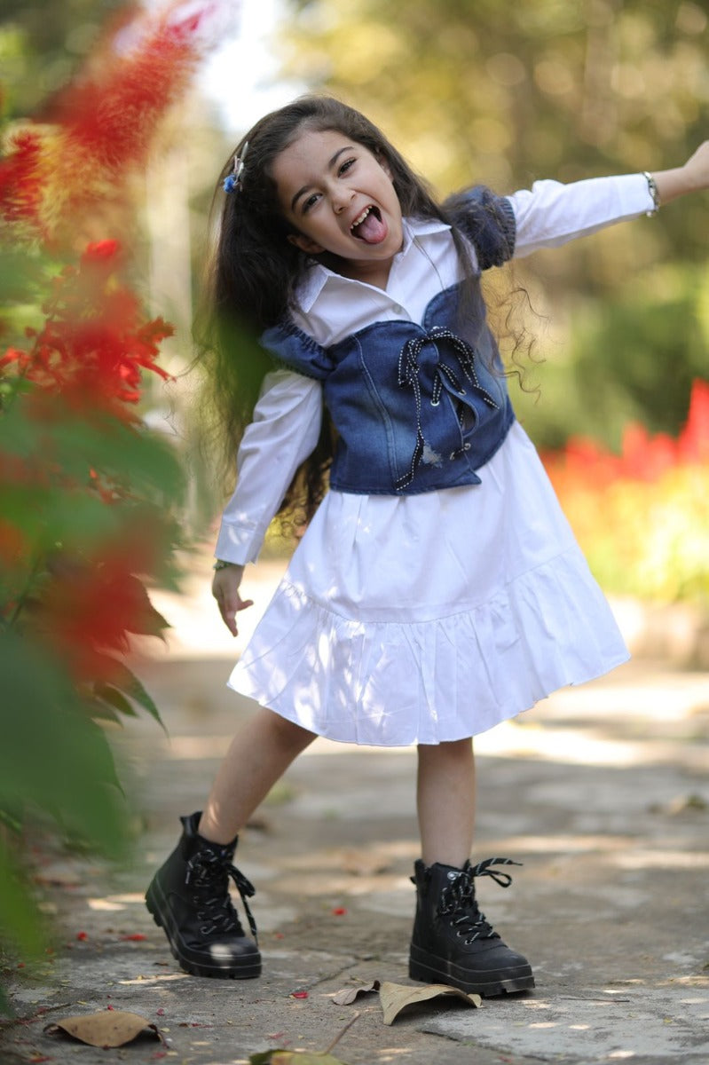 Googogaaga Girl's Cotton White Dress with Denim Upper Jacket