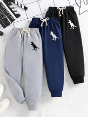 Boy's Cotton Knit Dino Printed Joggers Set Pack of 3 - Grey, Navy & Black