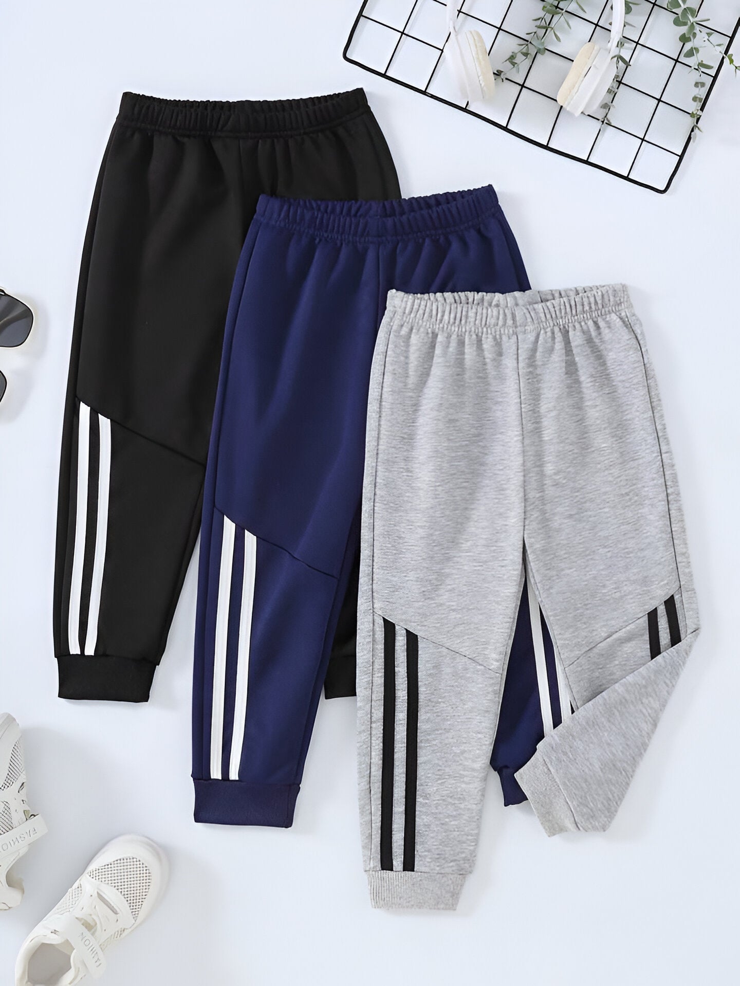 Boy's 3-Pack Black, Blue & Grey Striped Joggers