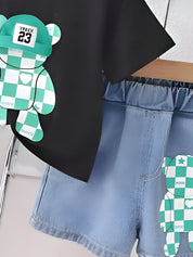 Boy's Black Graphic Print T-Shirt & Shorts Set