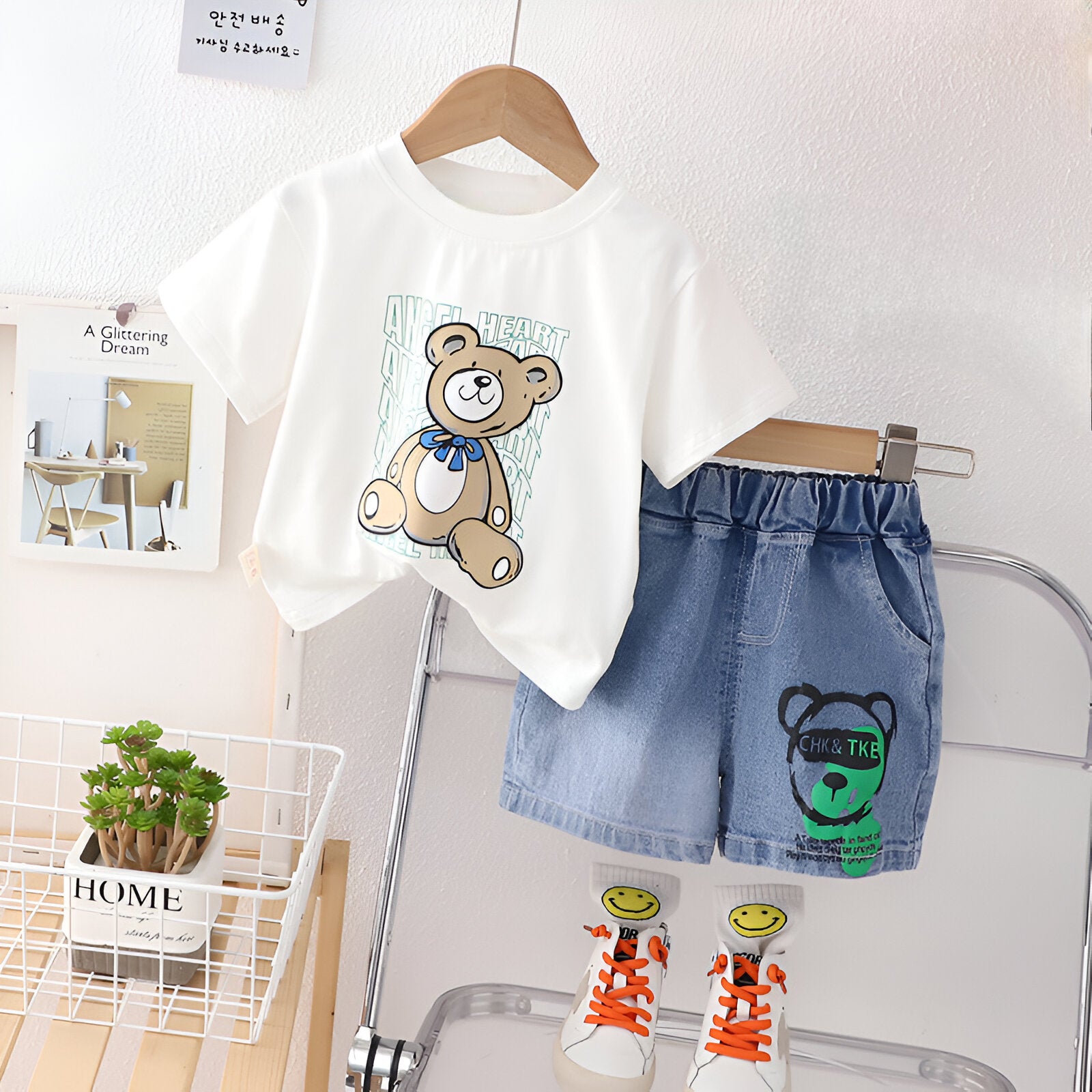 Boy's White Bear Print T-Shirt & Shorts Set