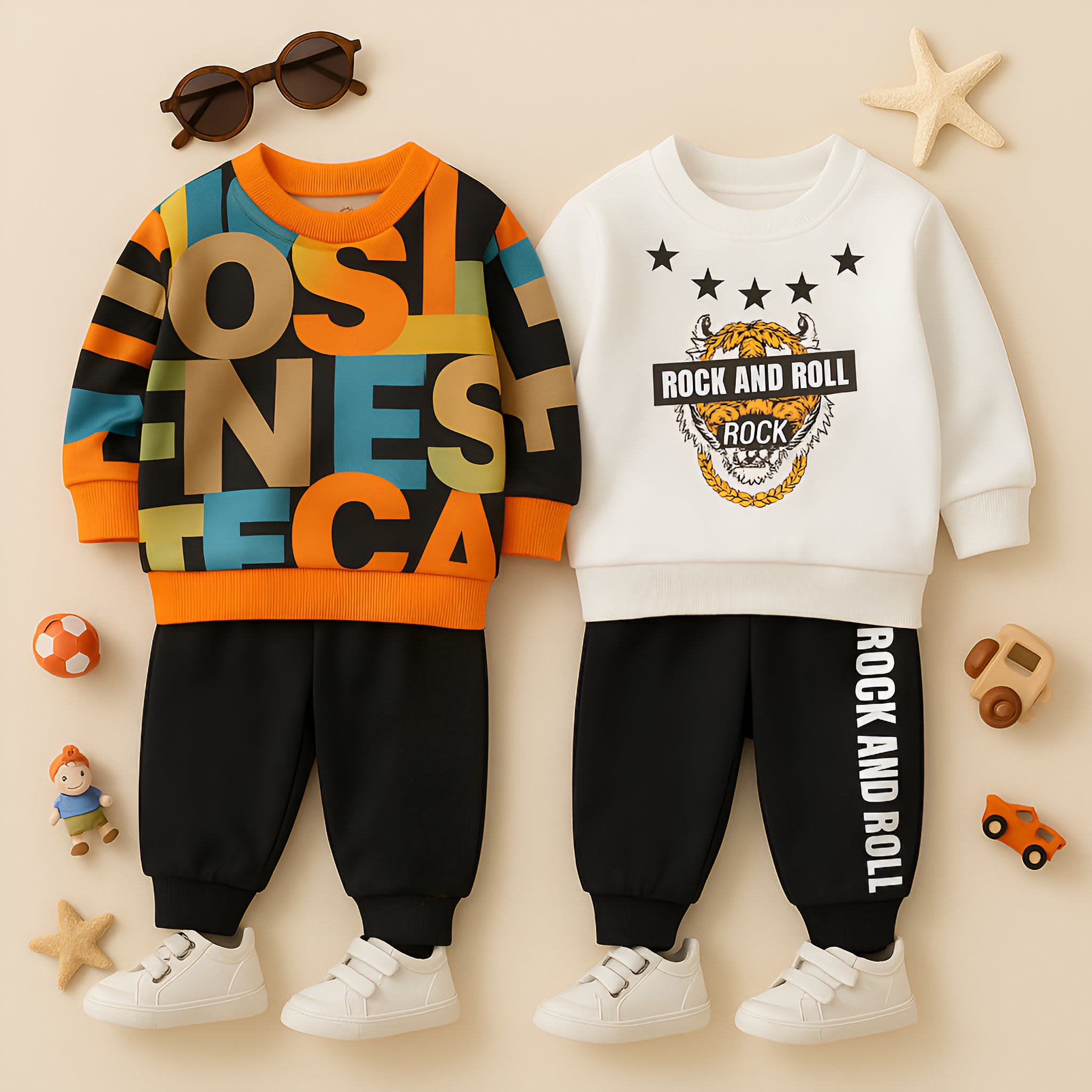 Boys Cotton Light Winter Knit Full Sleeves Text Printed Sweatshirt With Joggers Set Pack of 2